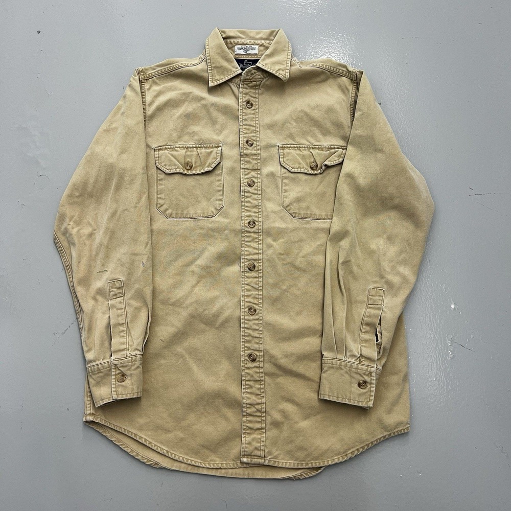 Woolrich Mens M Tan Heavyweight Cotton Canvas Button Down Work Shirt Pockets